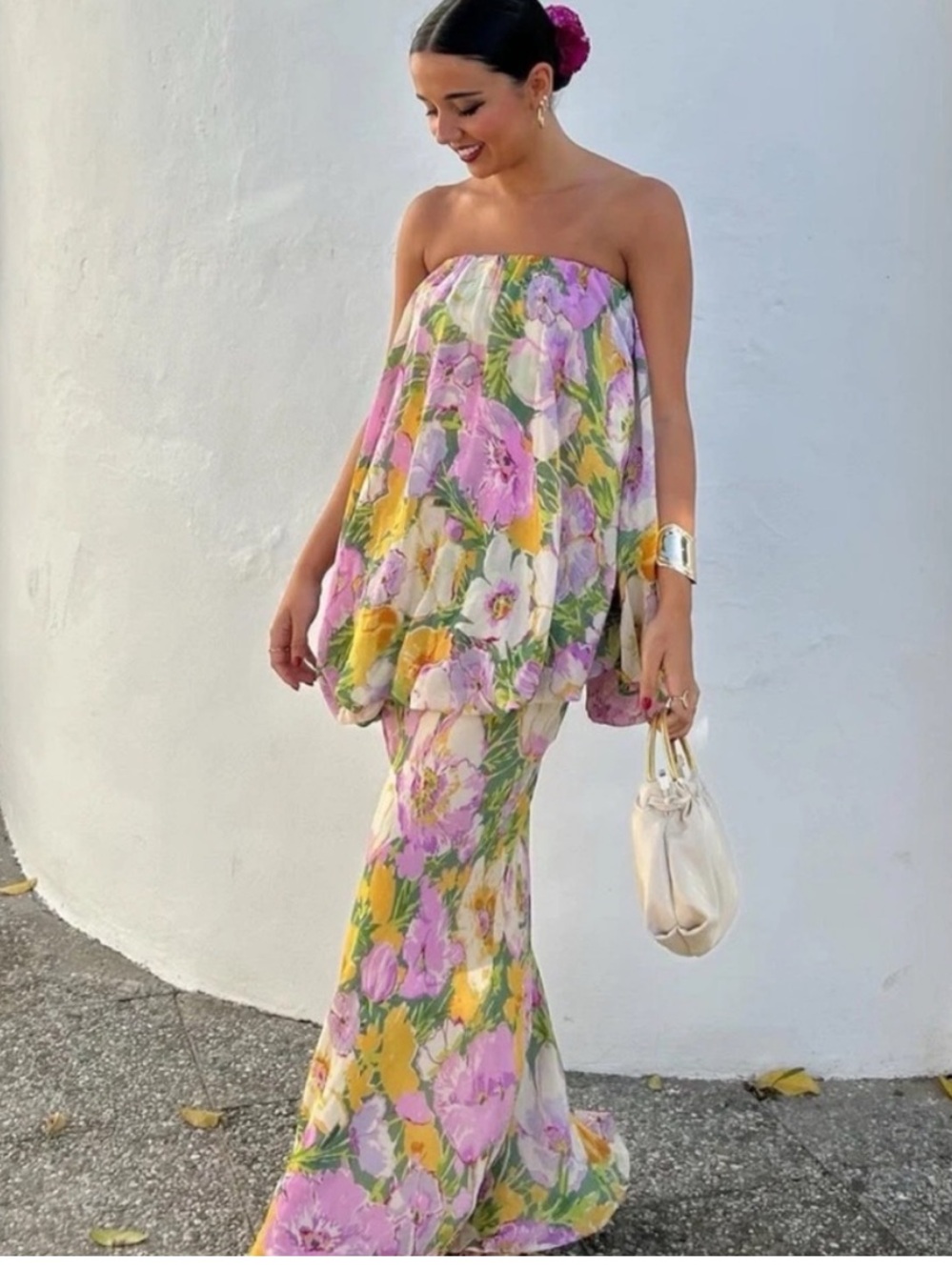 Zara Pink Yellow Floral Strapless Maxi Dress
